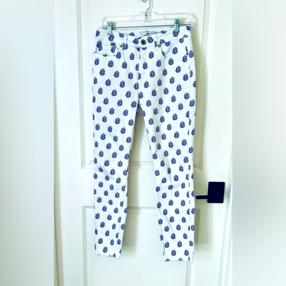 Vineyard Vines Jeans Womens 28 White Leaf Print High Rise Skinny Raw Hem…
